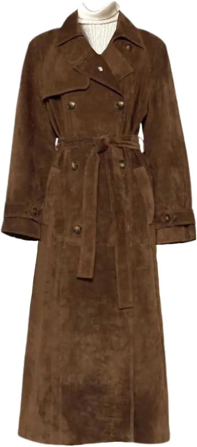 Women's Faux Suede Long Trench Coat Notched Lapel Double-Breasted Fall Fashion 2024 Classic Overcoat Outerwear with Belt