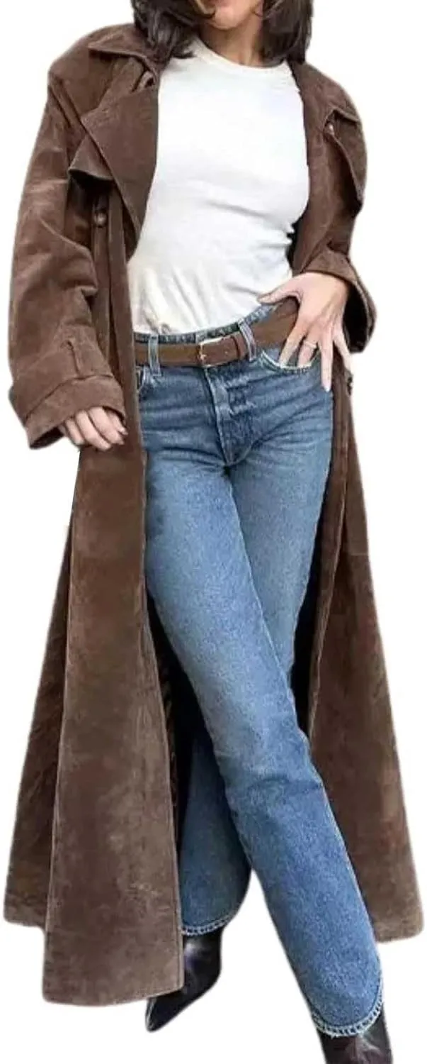 Women's Faux Suede Long Trench Coat Notched Lapel Double-Breasted Fall Fashion 2024 Classic Overcoat Outerwear with Belt