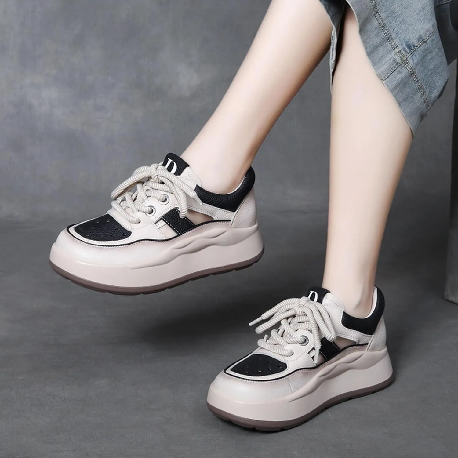 Women's Genuine Leather Platform Hollow Fashion Sneakers,Breathable Comfortable Lace-Up Dad Sneakers,Summer Outdoor Casual Workout Sport Non-Slip Walking Shoes