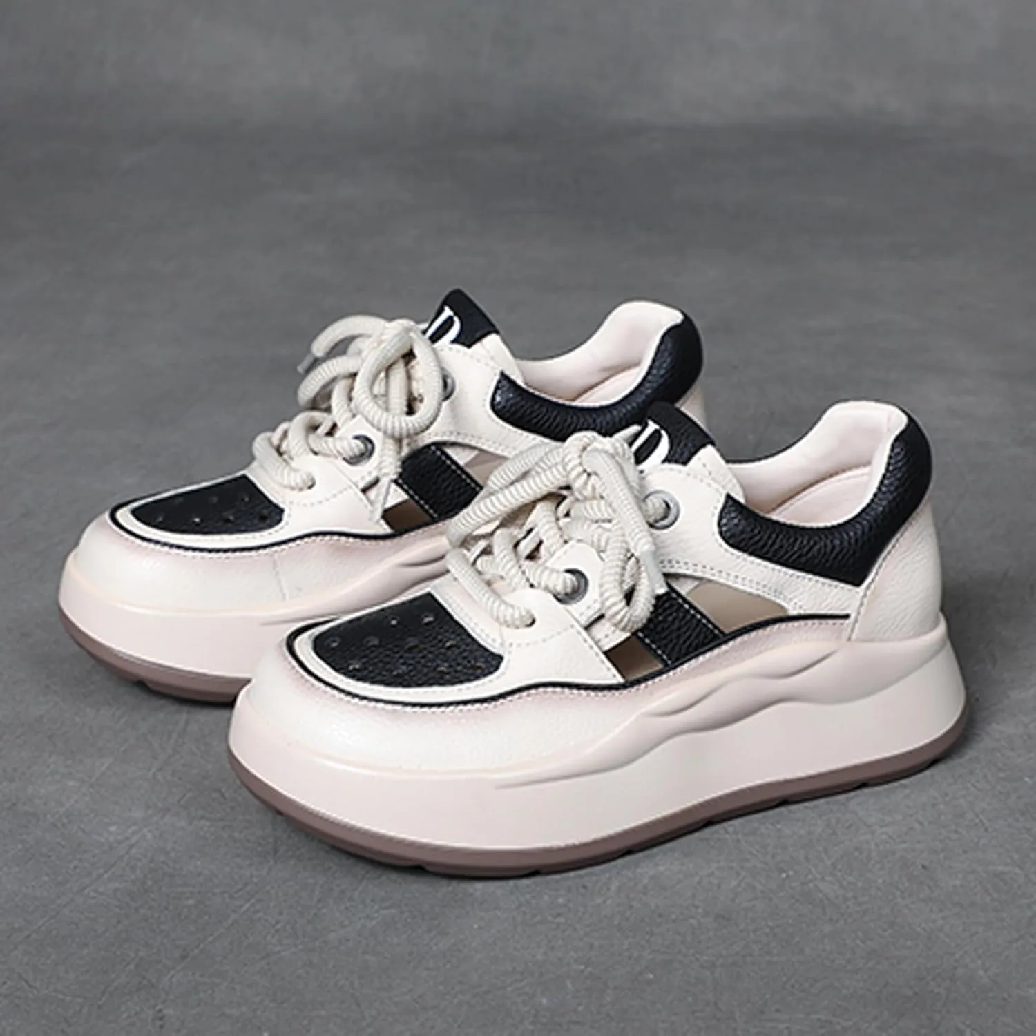 Women's Genuine Leather Platform Hollow Fashion Sneakers,Breathable Comfortable Lace-Up Dad Sneakers,Summer Outdoor Casual Workout Sport Non-Slip Walking Shoes