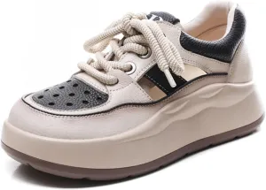 Women's Genuine Leather Platform Hollow Fashion Sneakers,Breathable Comfortable Lace-Up Dad Sneakers,Summer Outdoor Casual Workout Sport Non-Slip Walking Shoes