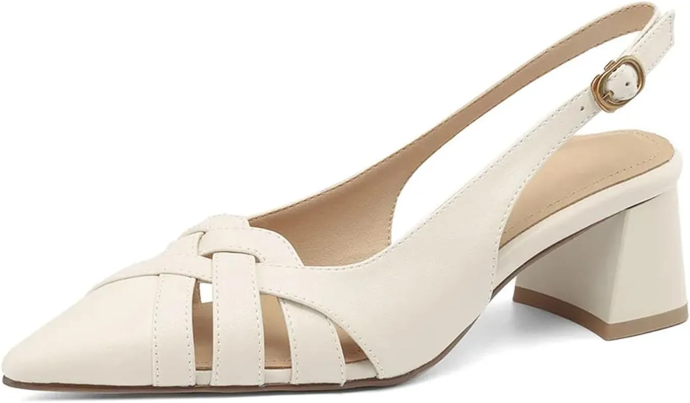 Women's Genuine Leather Pointed Toe Sandals - Thick Heels Hollow Slingbacks, Spring Summer Office