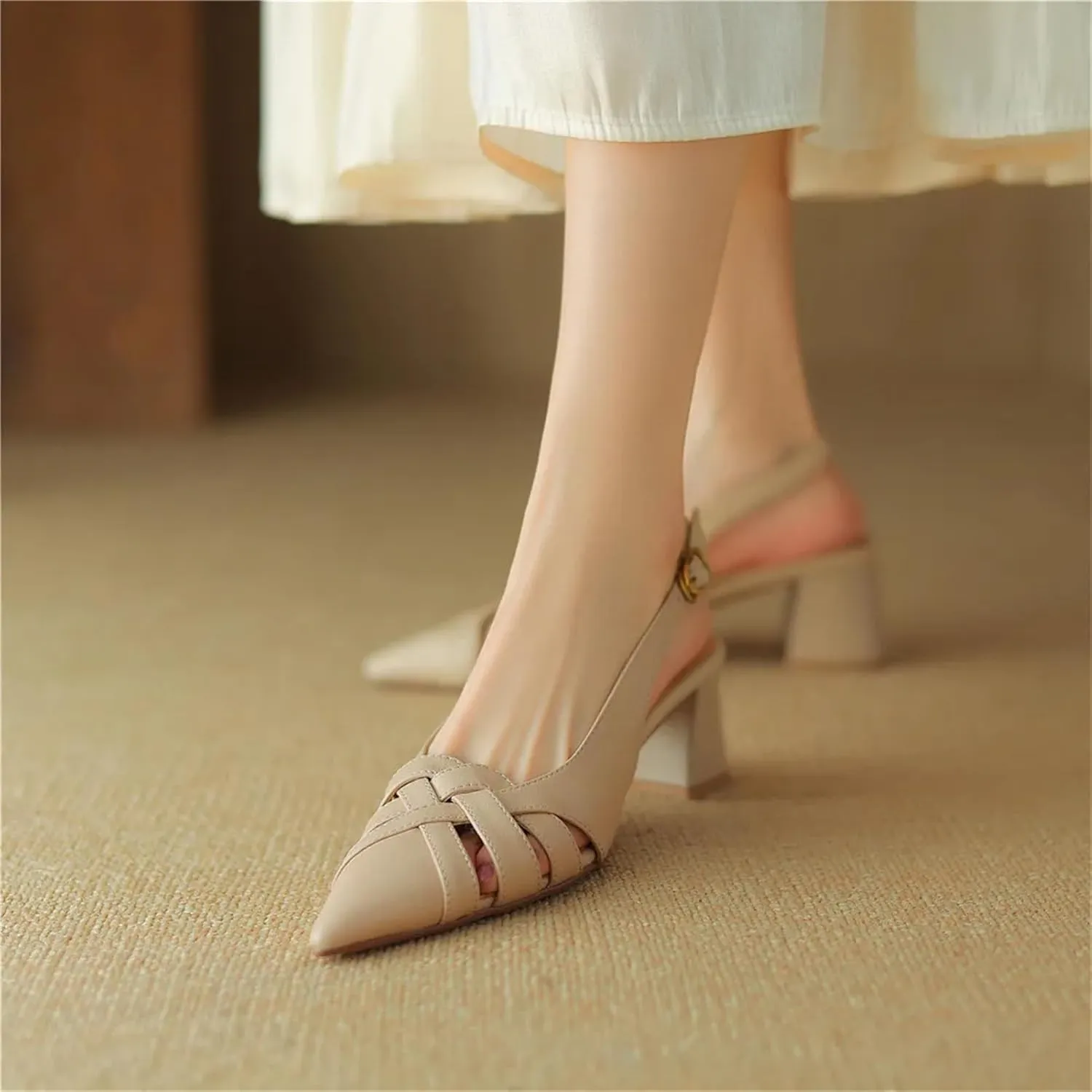Women's Genuine Leather Pointed Toe Sandals - Thick Heels Hollow Slingbacks, Spring Summer Office
