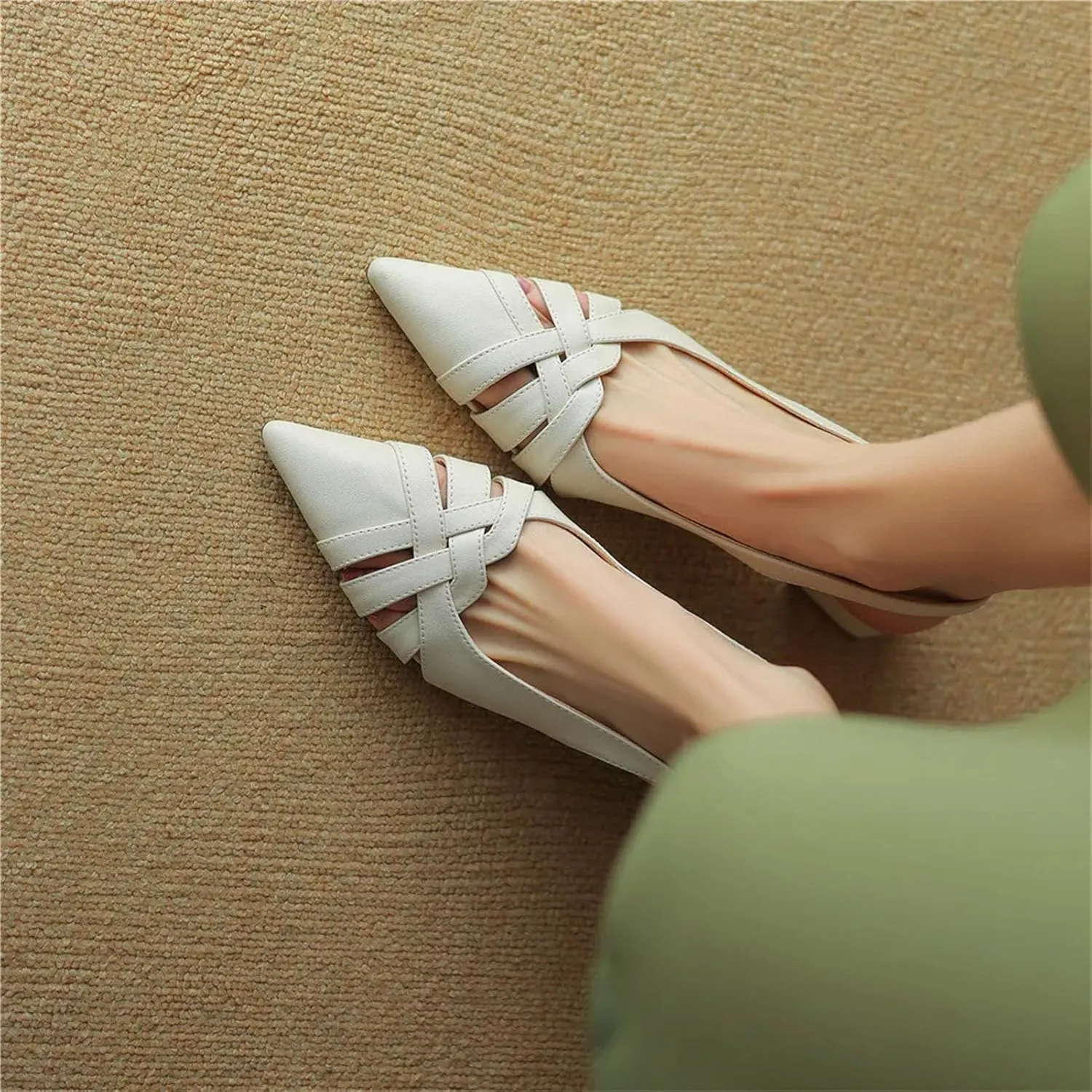 Women's Genuine Leather Pointed Toe Sandals - Thick Heels Hollow Slingbacks, Spring Summer Office