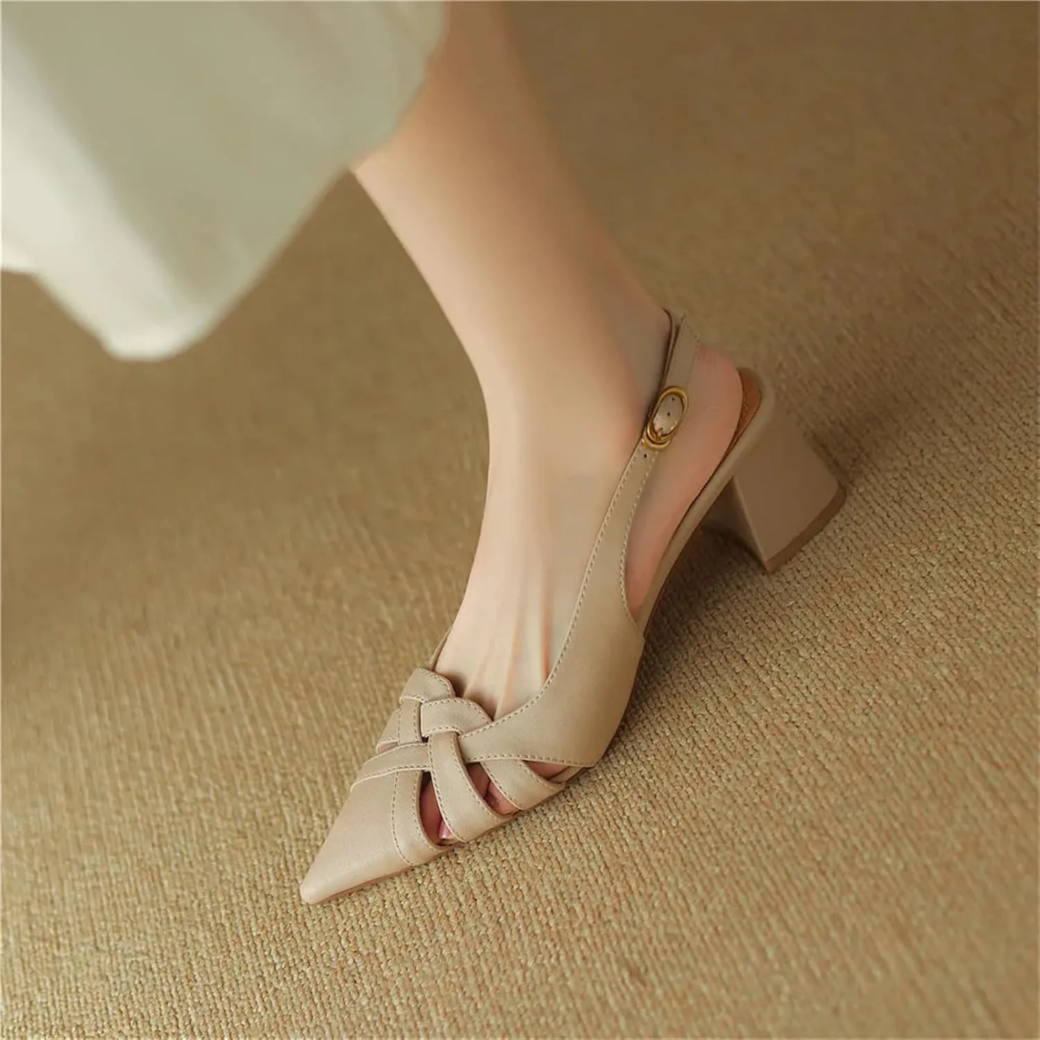 Women's Genuine Leather Pointed Toe Sandals - Thick Heels Hollow Slingbacks, Spring Summer Office