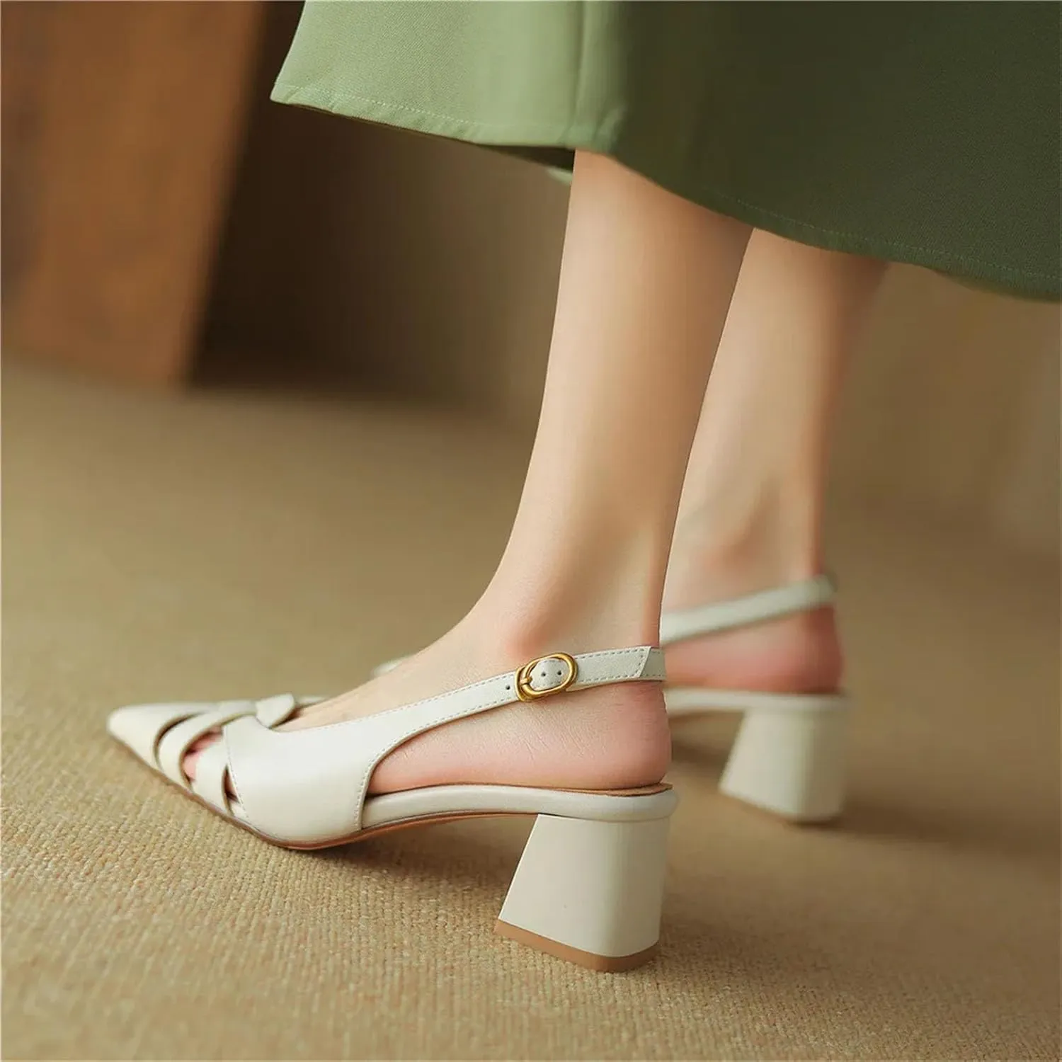 Women's Genuine Leather Pointed Toe Sandals - Thick Heels Hollow Slingbacks, Spring Summer Office