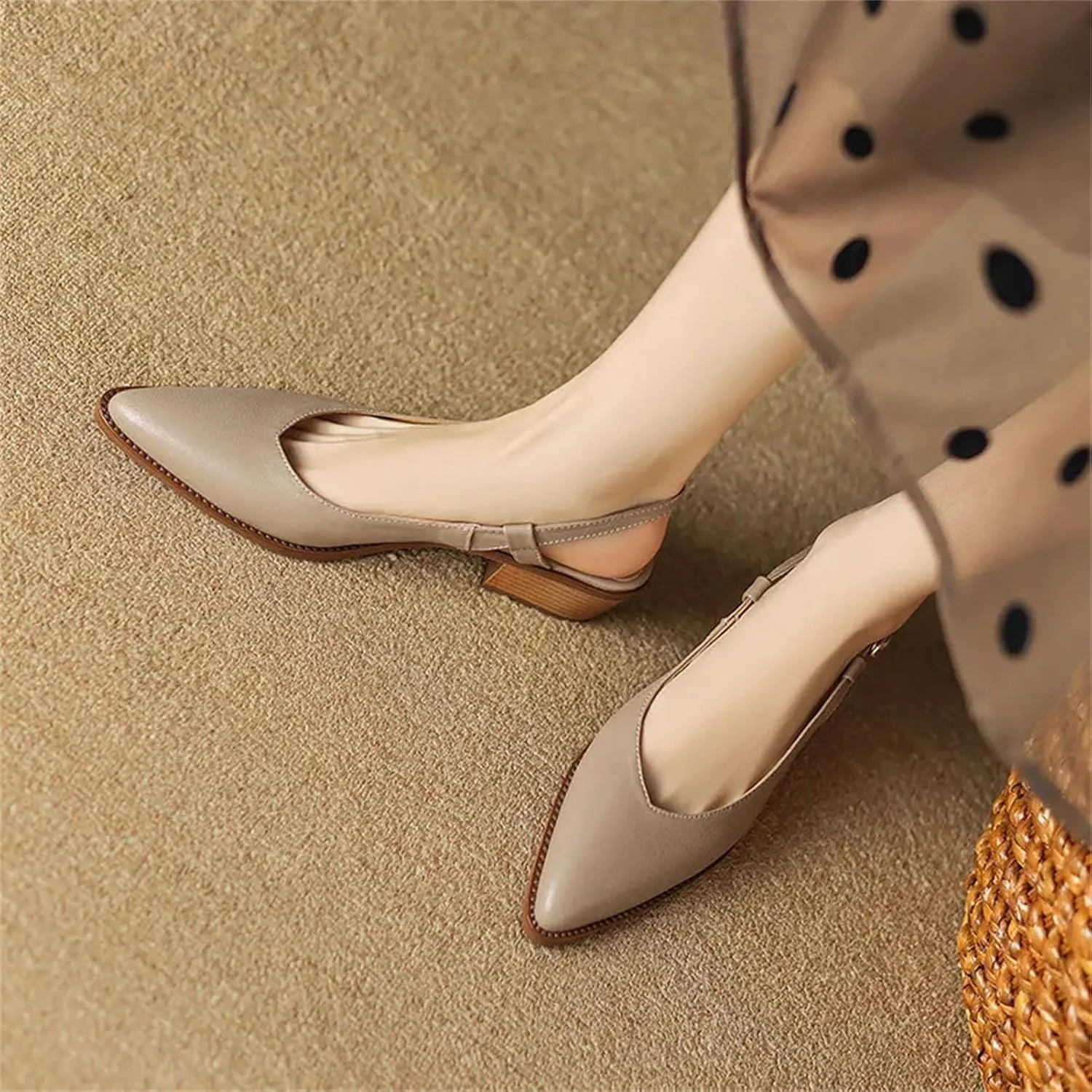Women's Genuine Leather Pointed Toe Sandals - Thick Heels, Spring Summer Fashion, Office Concise Slingbacks