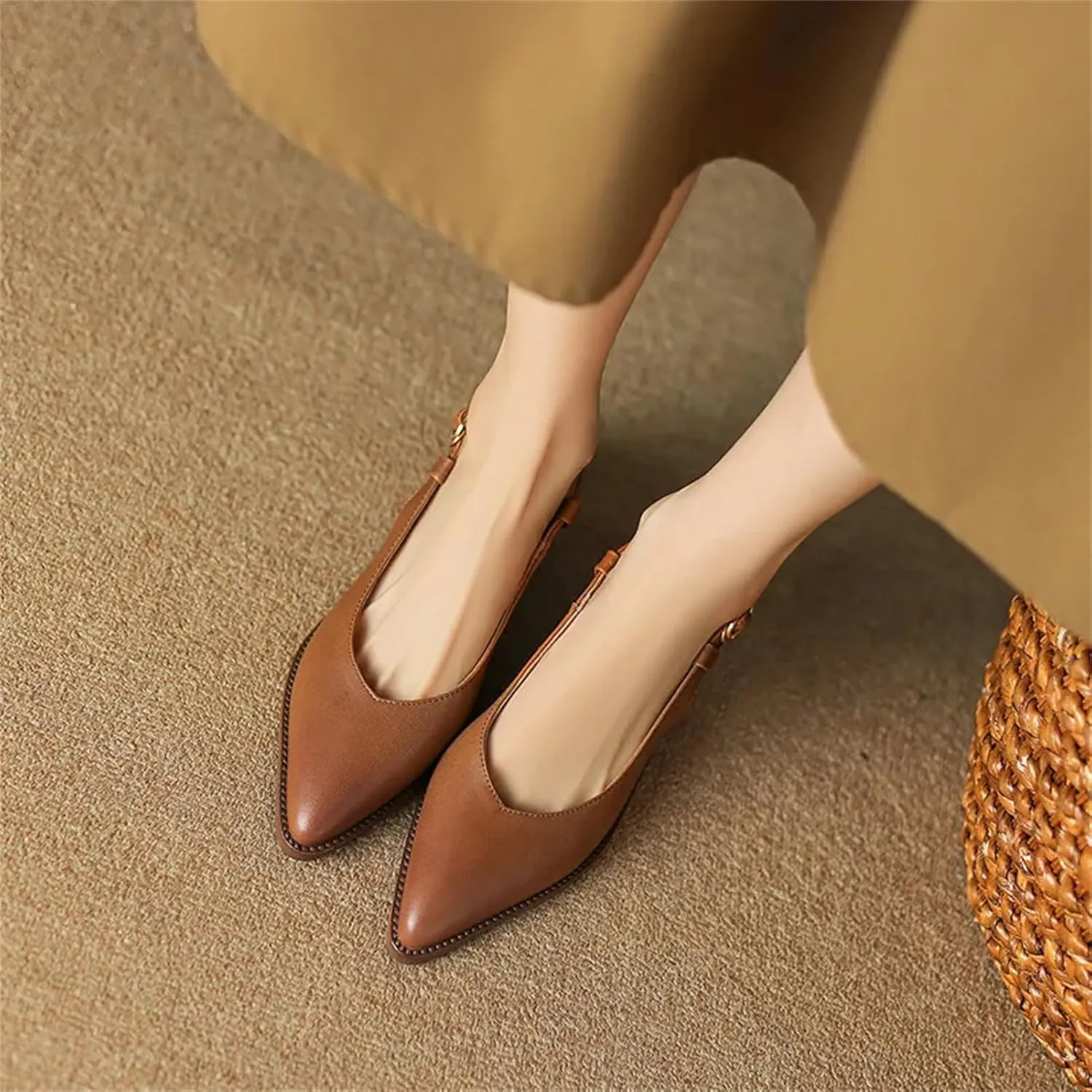 Women's Genuine Leather Pointed Toe Sandals - Thick Heels, Spring Summer Fashion, Office Concise Slingbacks