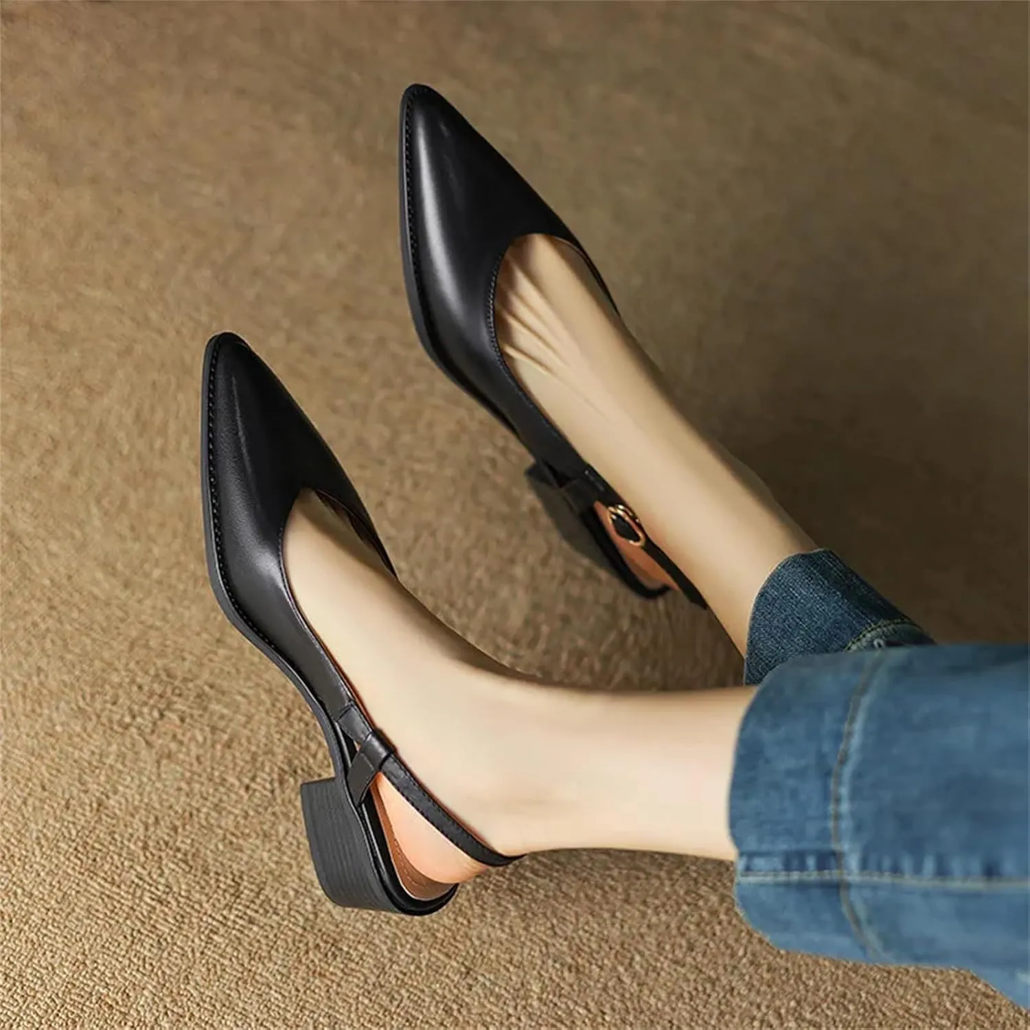 Women's Genuine Leather Pointed Toe Sandals - Thick Heels, Spring Summer Fashion, Office Concise Slingbacks