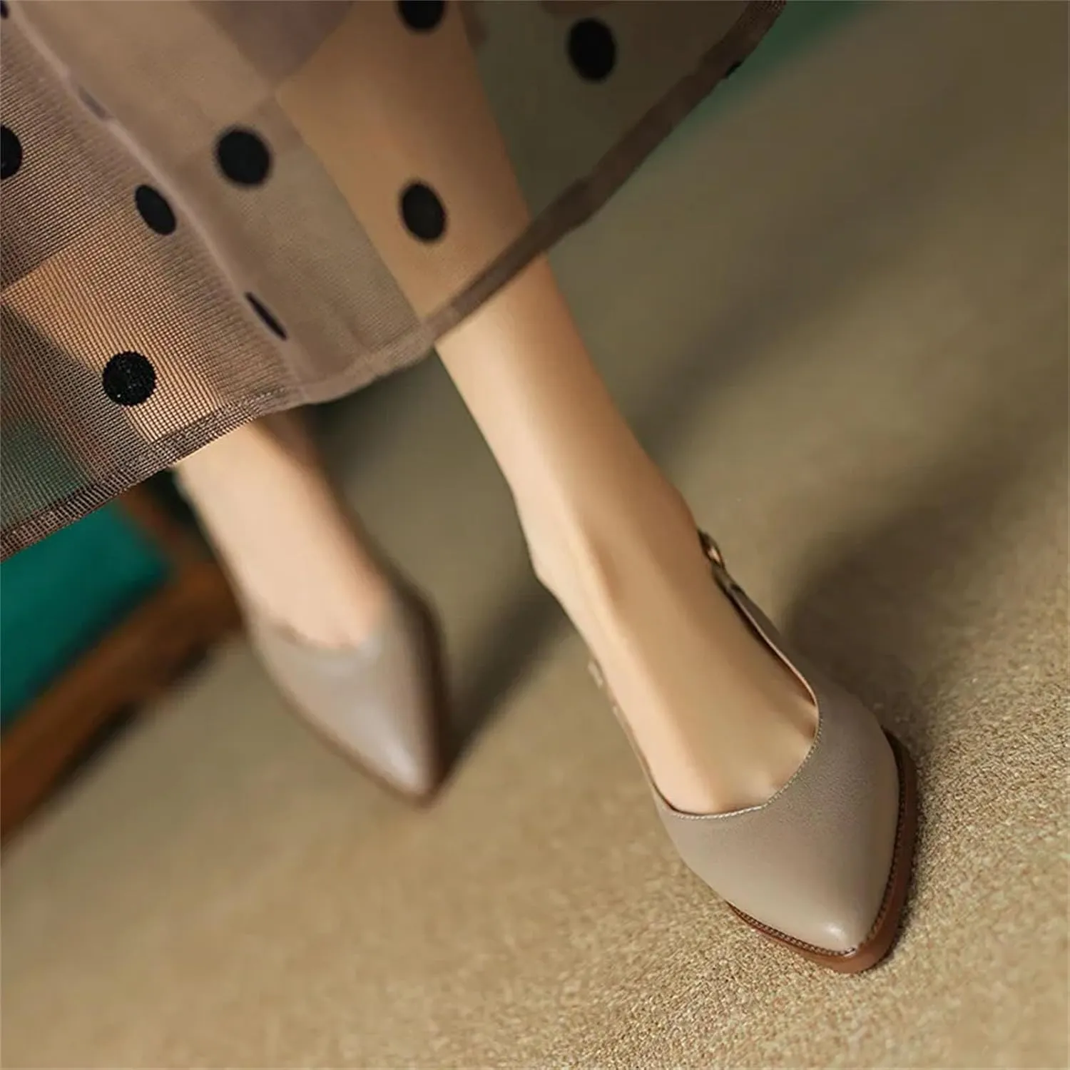 Women's Genuine Leather Pointed Toe Sandals - Thick Heels, Spring Summer Fashion, Office Concise Slingbacks