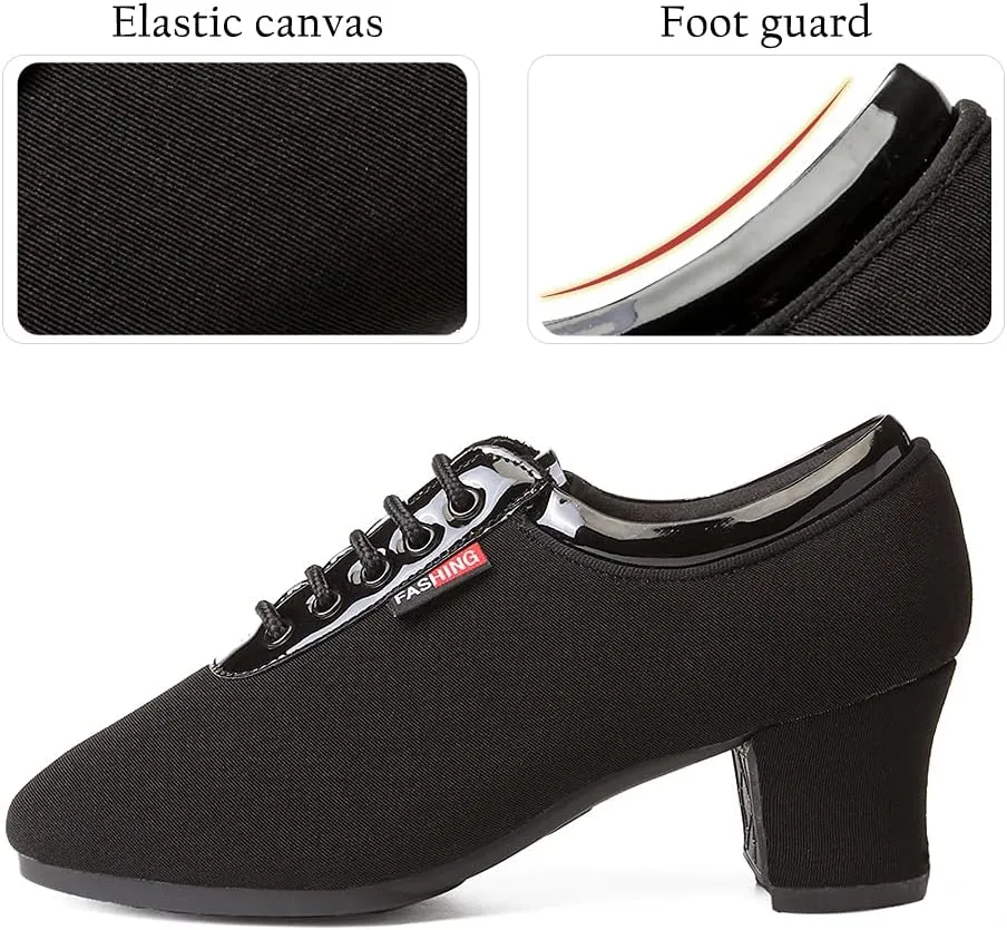 Women's Lace up Ballroom Practice Latin Shoes Closed Toe Black Tango Teaching Dance Shoes,Model-601