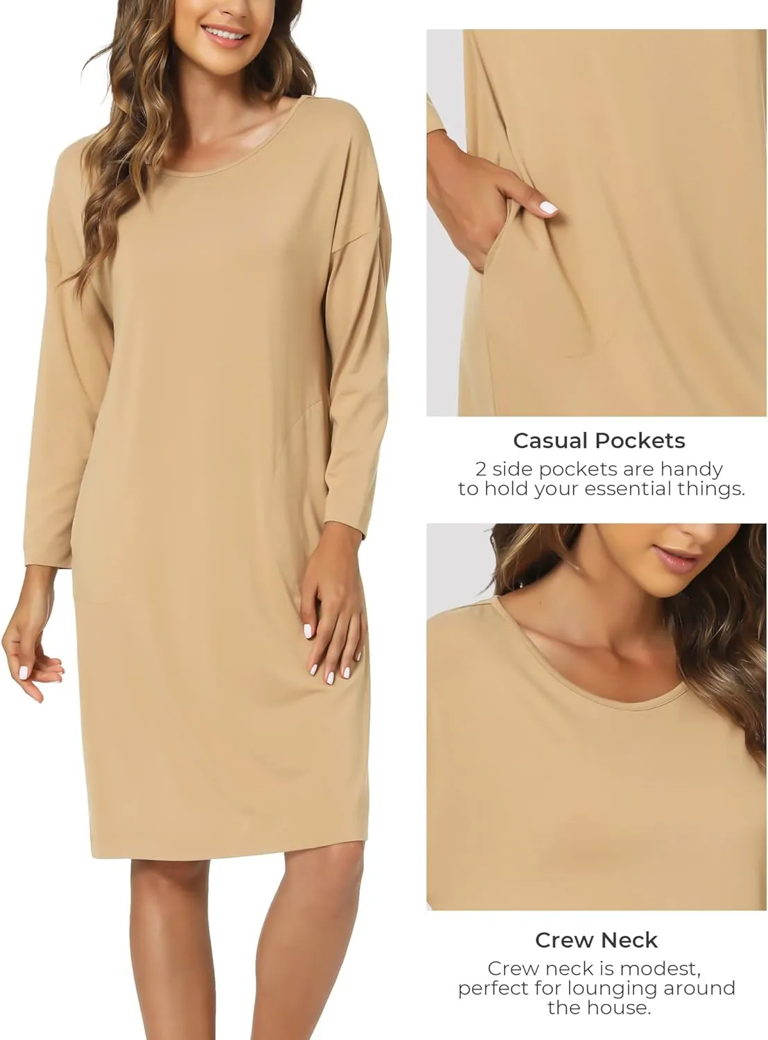 Womens Long Sleeve Nightgown Bamboo Cotton Nightshirts Sleepwear Soft Stretchy Sleep Dress with Pockets