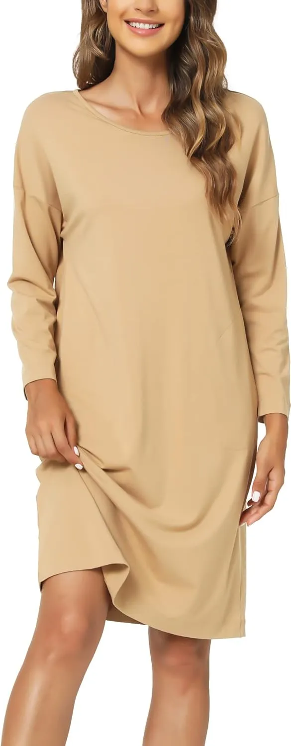 Womens Long Sleeve Nightgown Bamboo Cotton Nightshirts Sleepwear Soft Stretchy Sleep Dress with Pockets