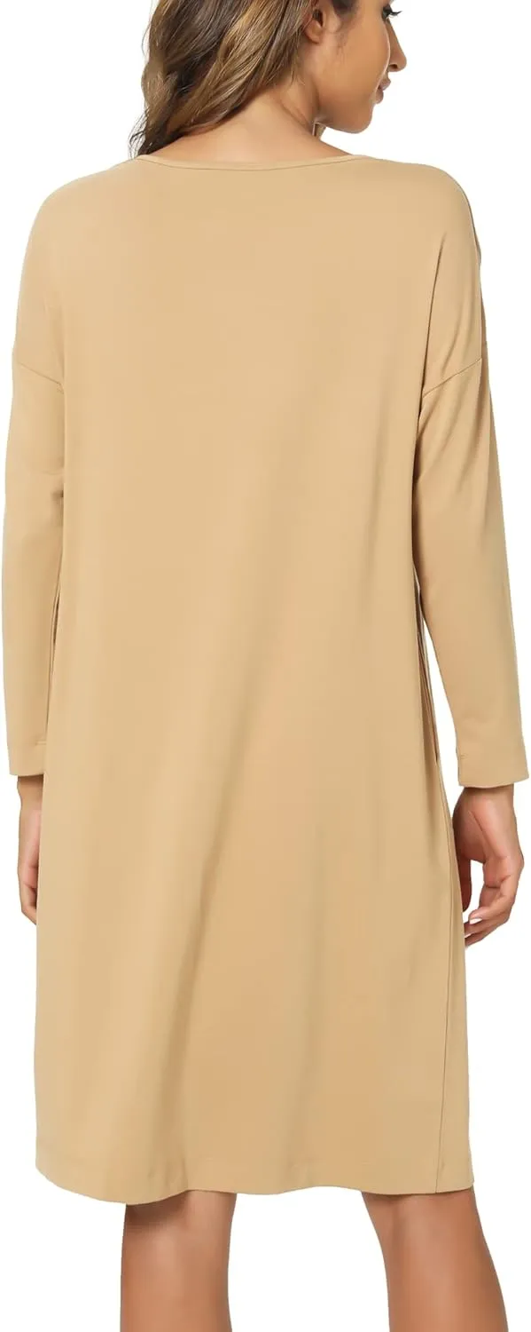 Womens Long Sleeve Nightgown Bamboo Cotton Nightshirts Sleepwear Soft Stretchy Sleep Dress with Pockets