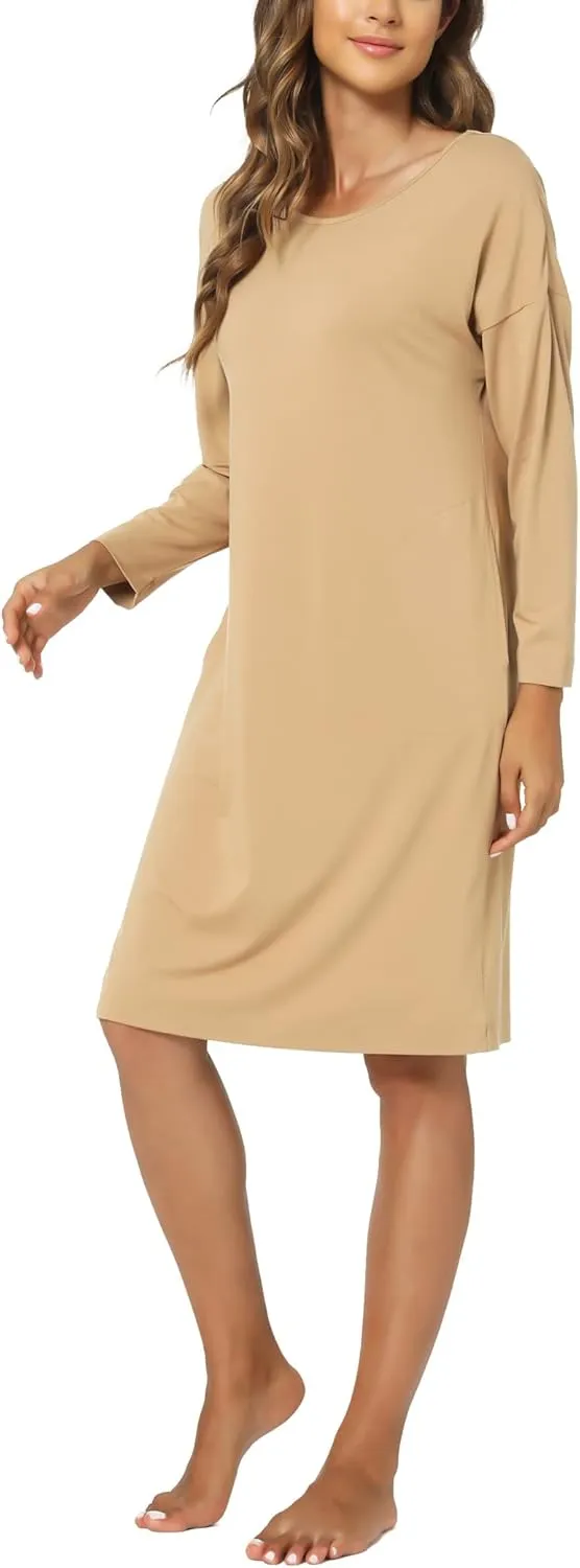 Womens Long Sleeve Nightgown Bamboo Cotton Nightshirts Sleepwear Soft Stretchy Sleep Dress with Pockets