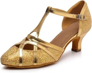 Women's Modern Heels Shoes Salsa Tango Ballroom Latin Party Dance Shoes Sequin Hollow Wedding High Heel(Gold7.5cm,37)
