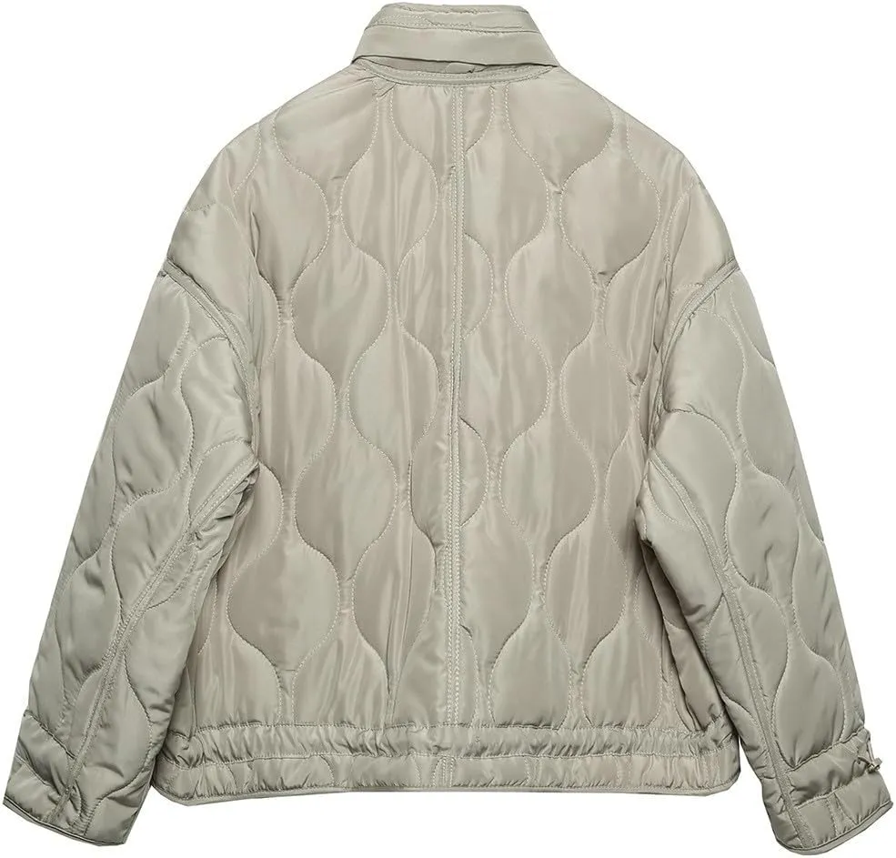 Women's Oversized Quilted Puffer Jacket Stand Collar Zip Up Lightweight Cropped Padded Winter Down Coat with Pockets