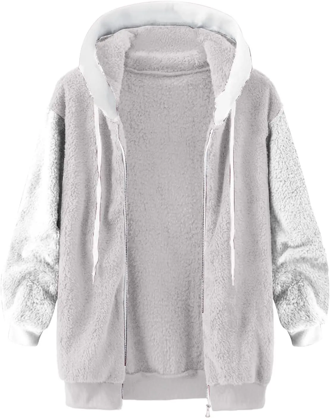 Women's Patchwork Fuzzy Jackets Cozy Fleece Plush Coats Loose Hooded Zip Up Hoodies Outerwear Zipper Sweatshirt