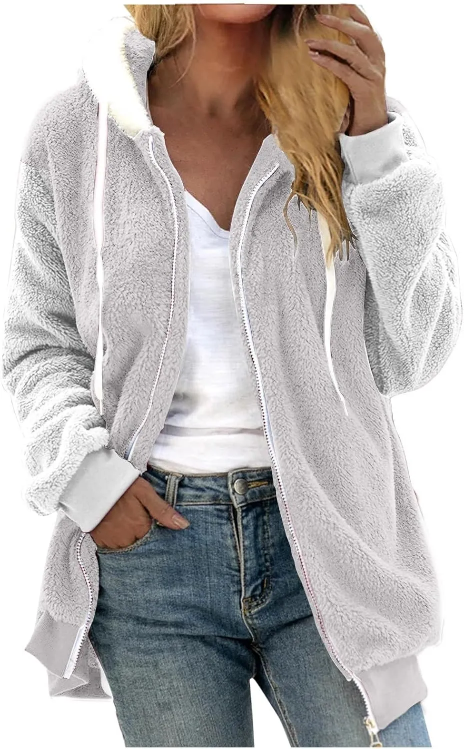 Women's Patchwork Fuzzy Jackets Cozy Fleece Plush Coats Loose Hooded Zip Up Hoodies Outerwear Zipper Sweatshirt