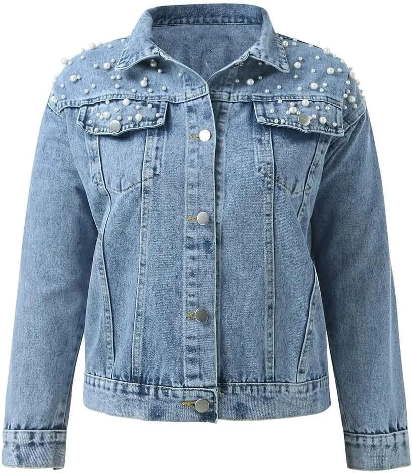 Womens Pearls Denim Jacket Beaded Embroidered Casual Lapel Short Coat Outerwear