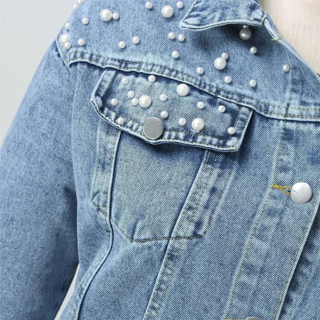 Womens Pearls Denim Jacket Beaded Embroidered Casual Lapel Short Coat Outerwear