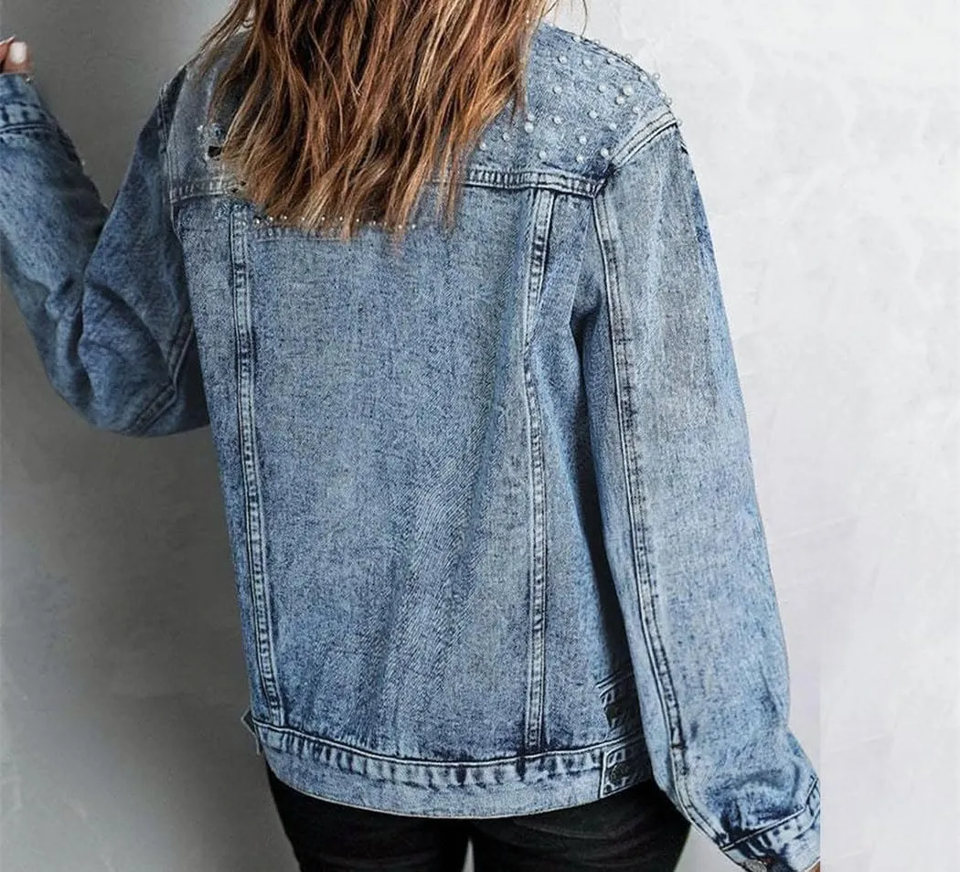 Womens Pearls Denim Jacket Beaded Embroidered Casual Lapel Short Coat Outerwear