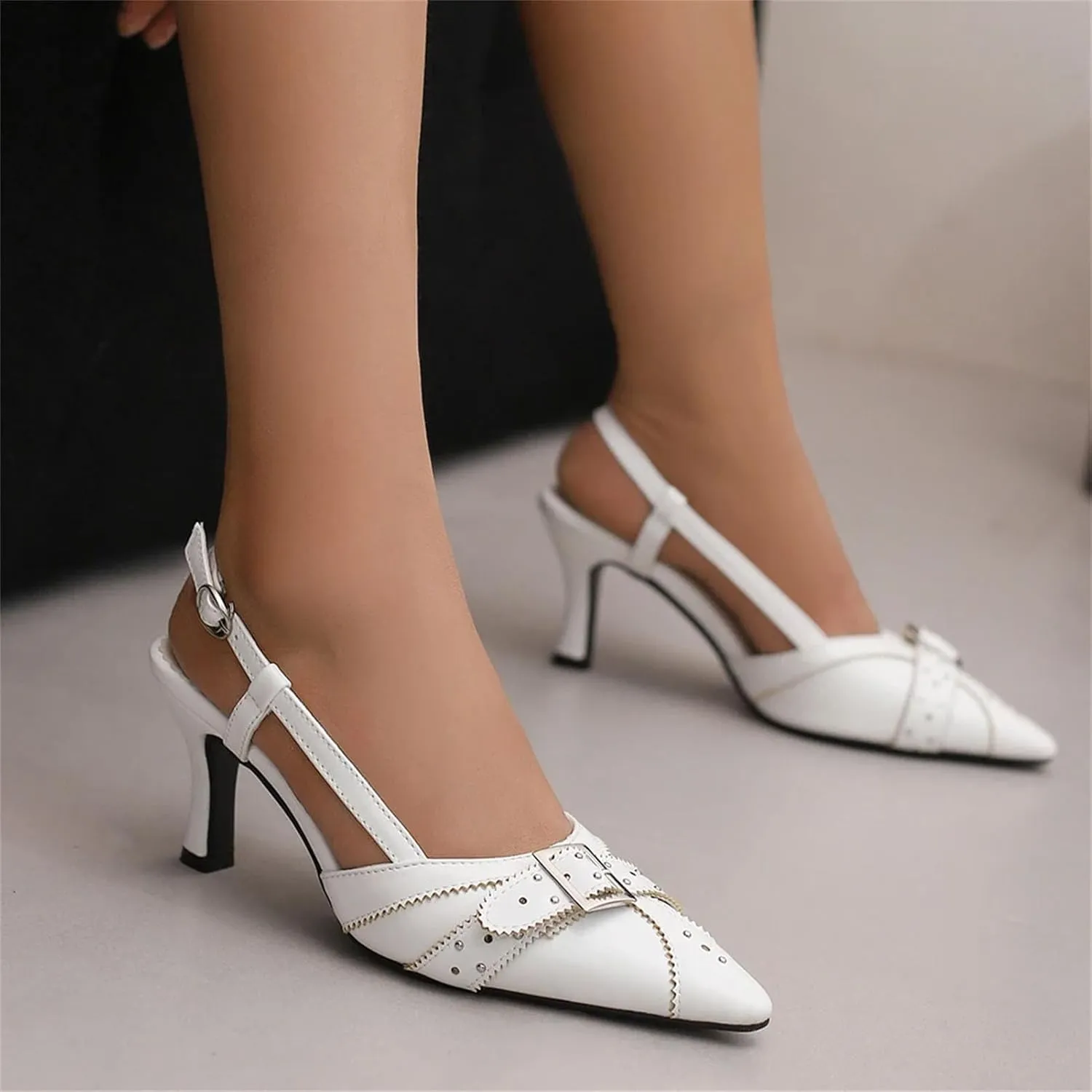 Women's Pointed Toe Slingbacks - 7.5CM Office Heels, Summer White Beige Sandals