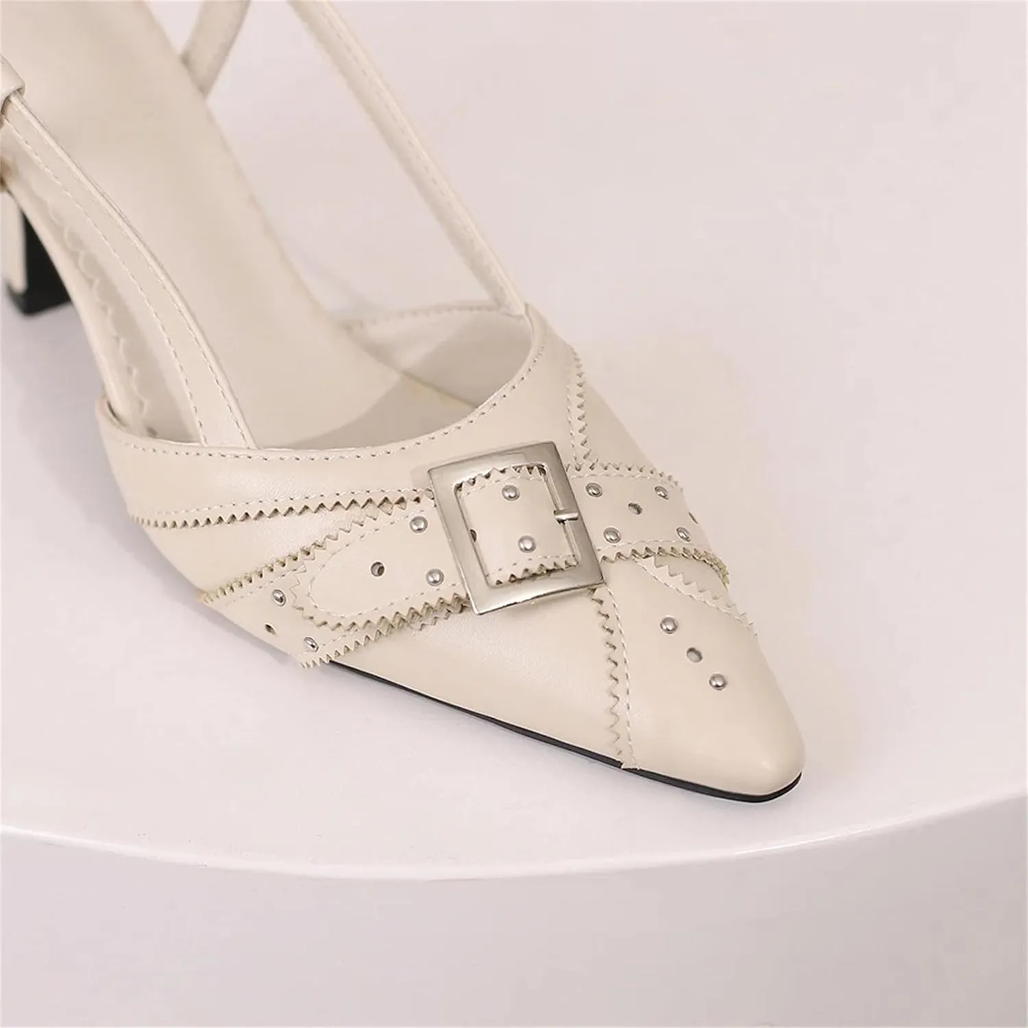 Women's Pointed Toe Slingbacks - 7.5CM Office Heels, Summer White Beige Sandals