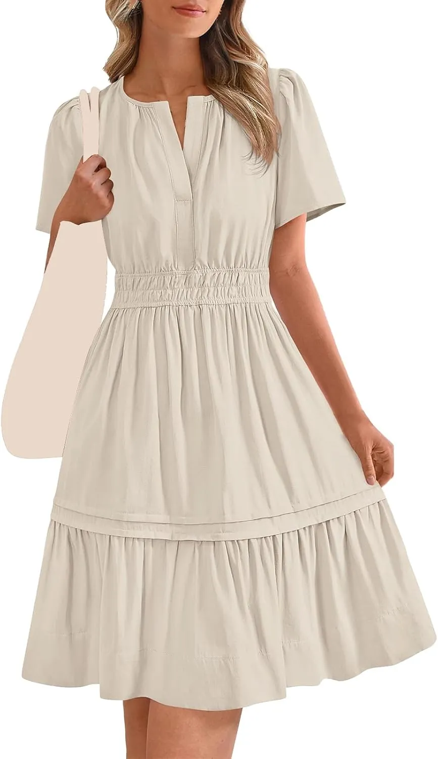 Womens Short Sleeve Dresses V Neck Smocked Waist A-Line Tiered Mini Dress Summer Flowy Boho Vacation Beach Sundress