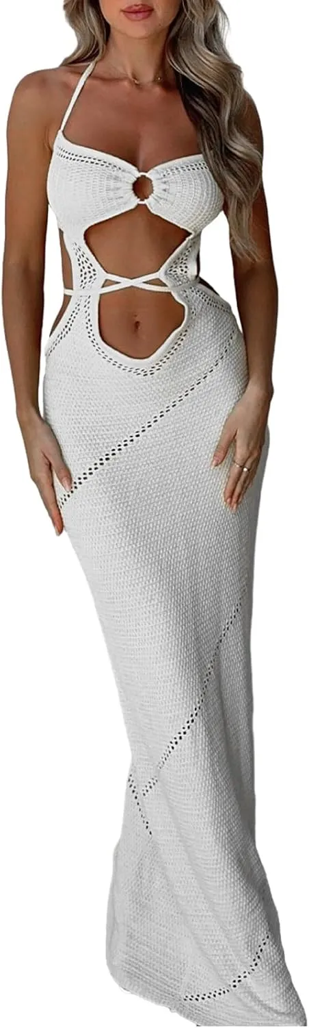 Womens Sleeveless Knit Bodycon Maxi Dress Halter Neck Cutout Backless Slim Fit Y2K Summer Beach Sundress