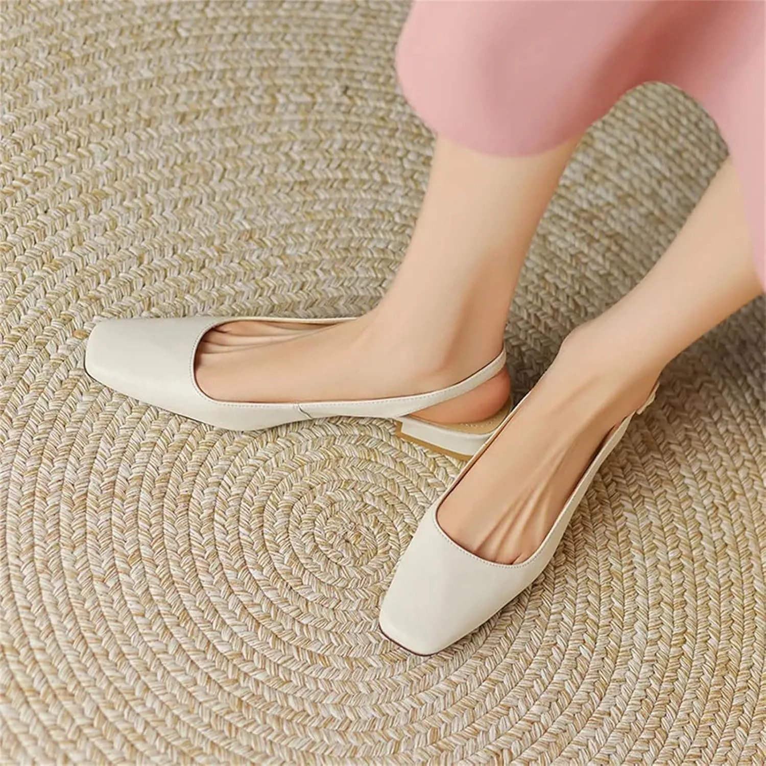 Women's Square Toe Leather Slingbacks - Low Heels Spring Summer, Concise Fashion Sandals
