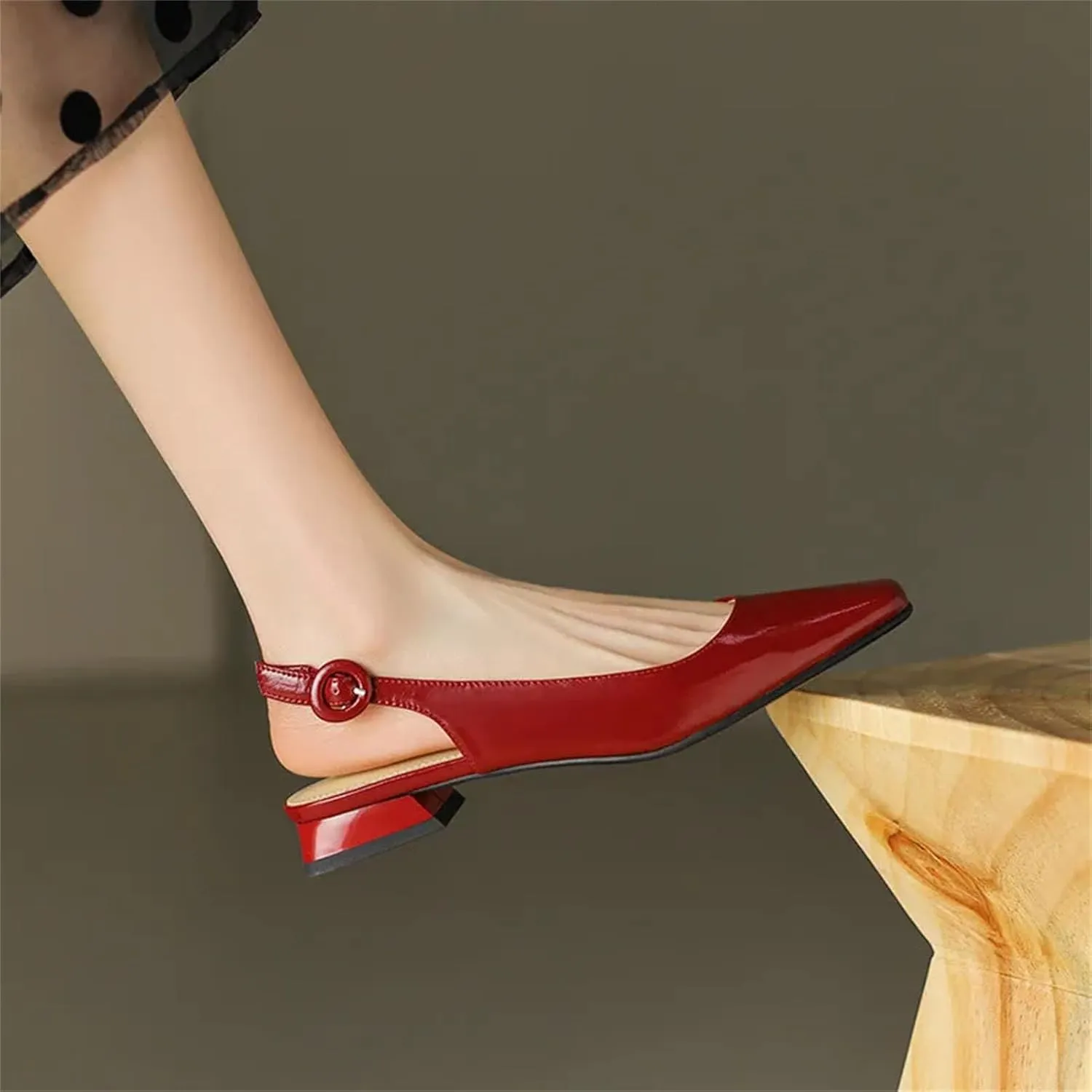 Women's Square Toe Leather Slingbacks - Low Heels Spring Summer, Concise Fashion Sandals