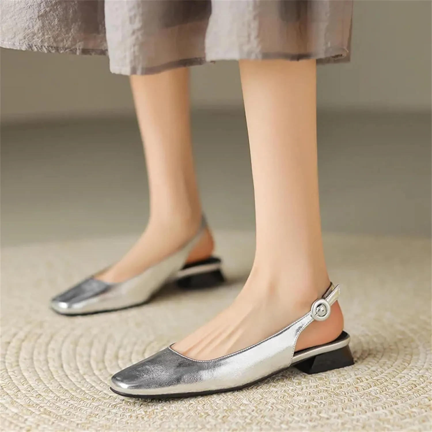 Women's Square Toe Leather Slingbacks - Low Heels Spring Summer, Concise Fashion Sandals