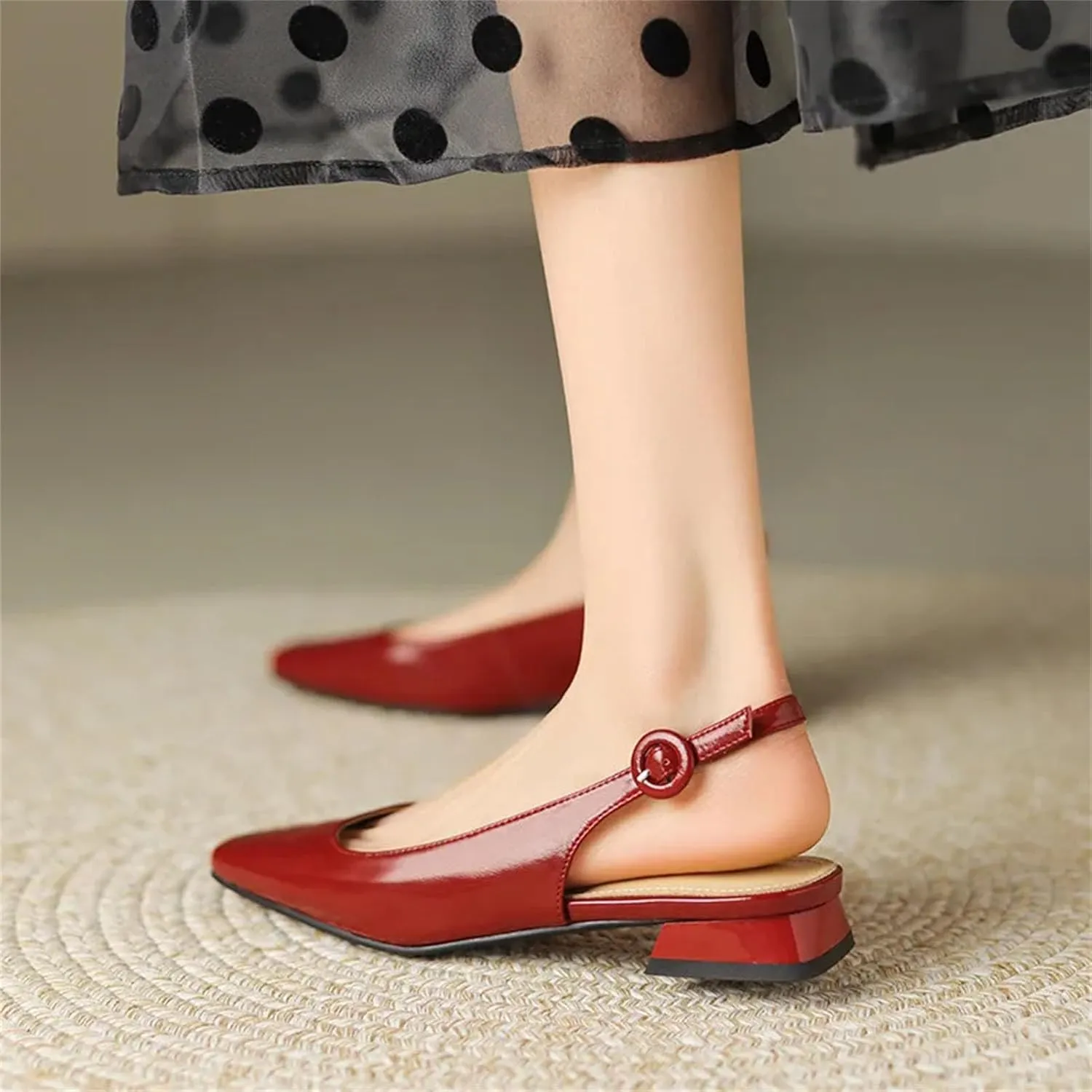 Women's Square Toe Leather Slingbacks - Low Heels Spring Summer, Concise Fashion Sandals