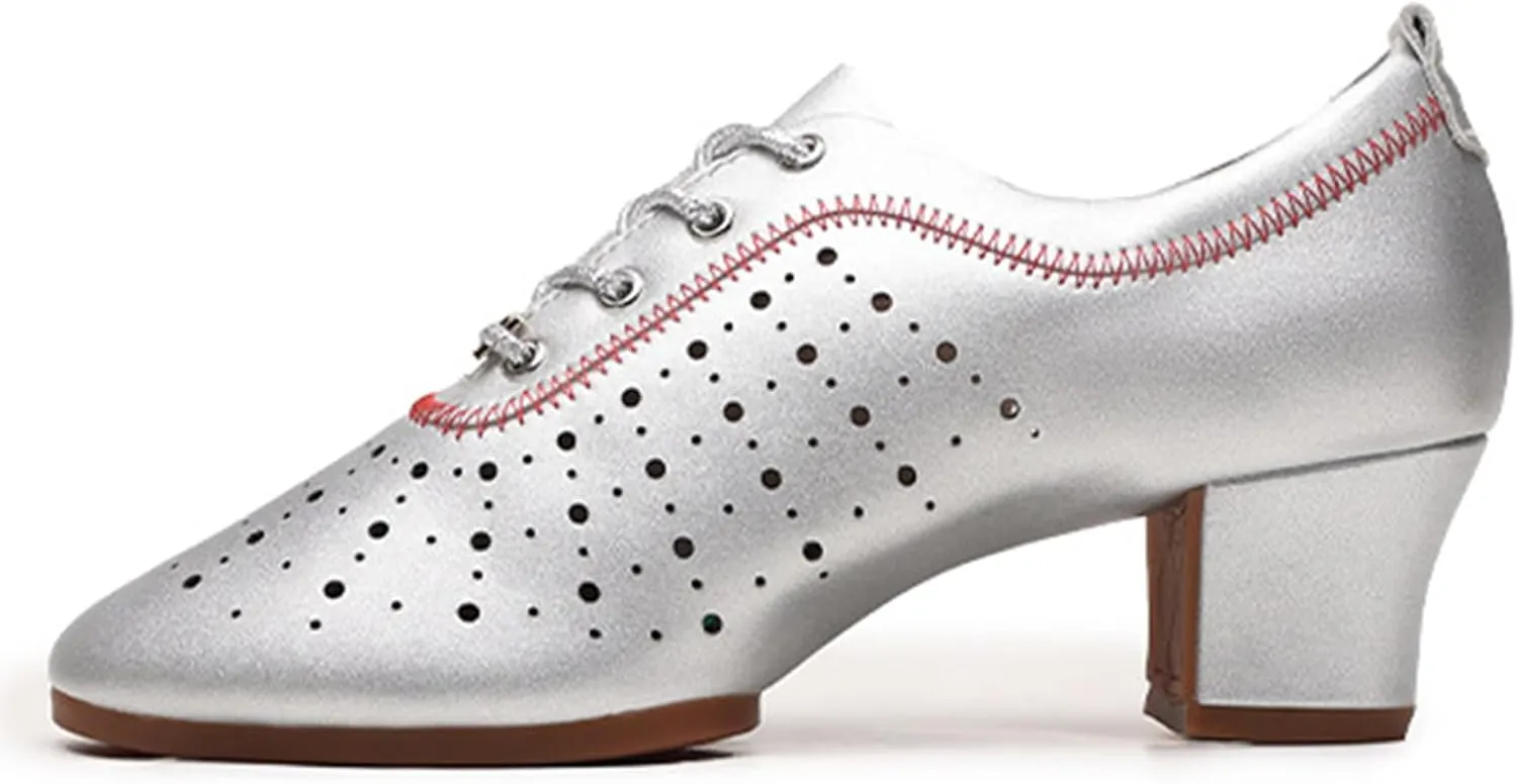Women's Standard Practice Social Dance Shoes Latin Dance Shoes Lace-Up Closed Toe Latin Modern Shoes Straight Rubber Sole 5Cm Heel