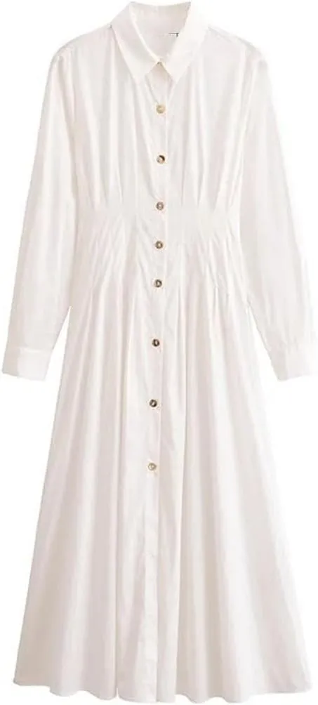 Women's Summer Elegant Turn Down Dress Vintage Solid Long Sleeve Pleated Single Breasted Street Dresses
