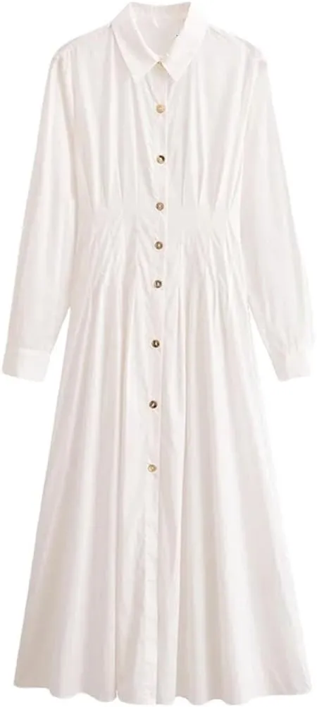 Women's Summer Elegant Turn Down Dress Vintage Solid Long Sleeve Pleated Single Breasted Street Dresses