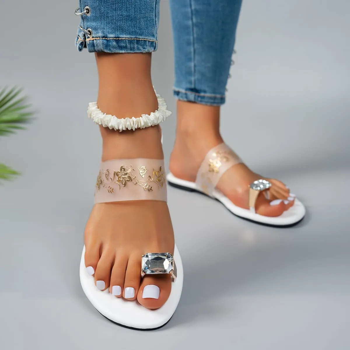 Women's Toe Ring Sandals with Crystal Accent, White, Gold Floral Pattern, Flat Slide