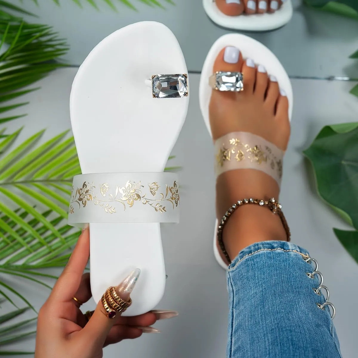 Women's Toe Ring Sandals with Crystal Accent, White, Gold Floral Pattern, Flat Slide