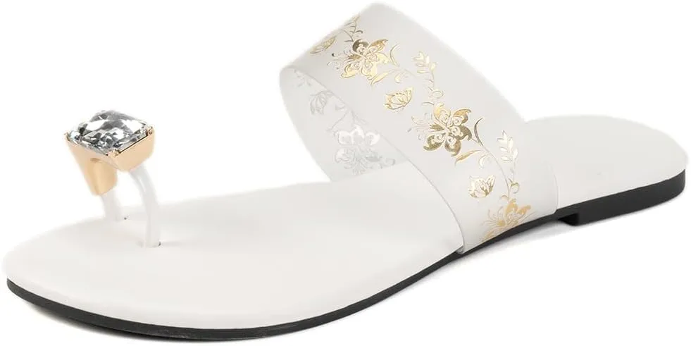 Women's Toe Ring Sandals with Crystal Accent, White, Gold Floral Pattern, Flat Slide