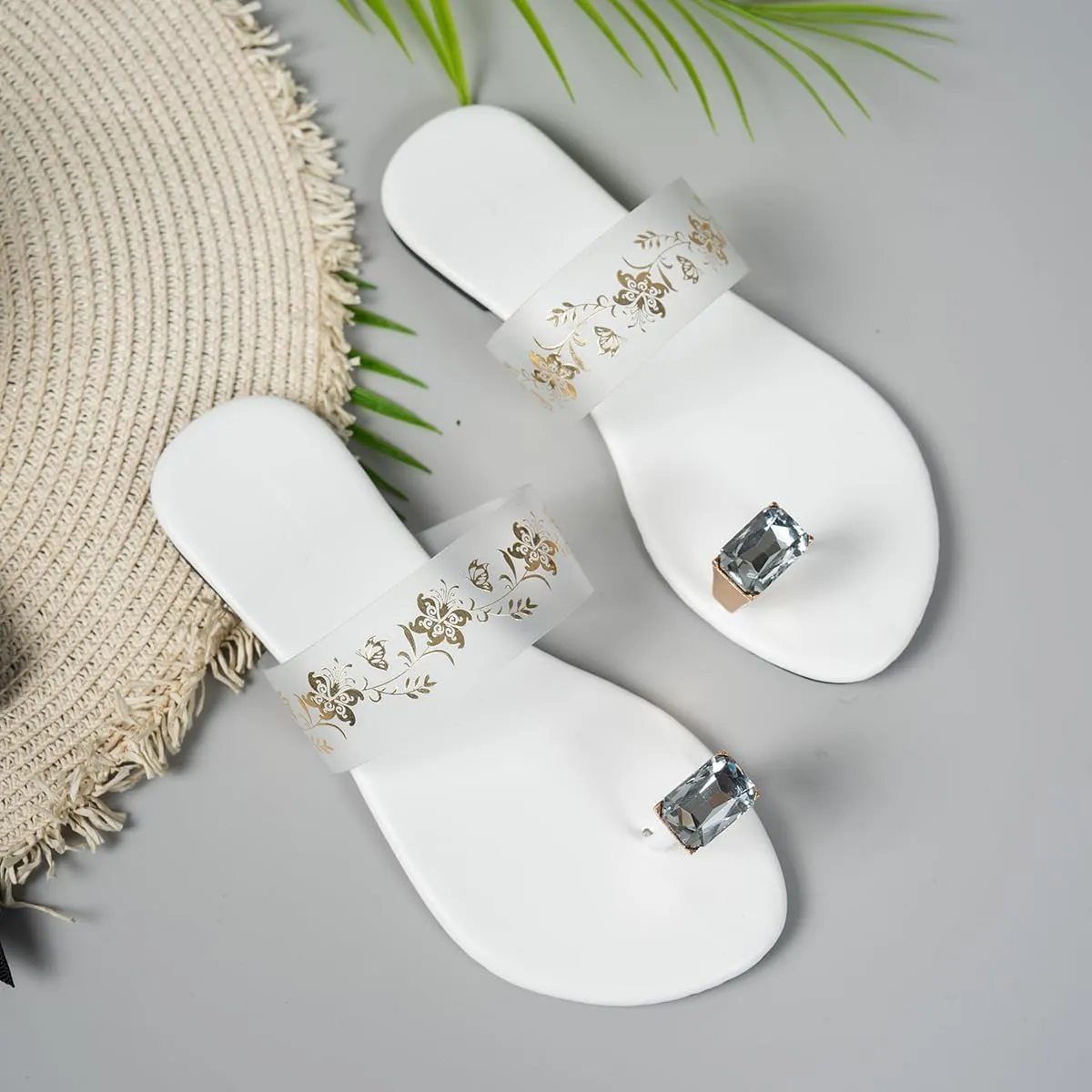 Women's Toe Ring Sandals with Crystal Accent, White, Gold Floral Pattern, Flat Slide