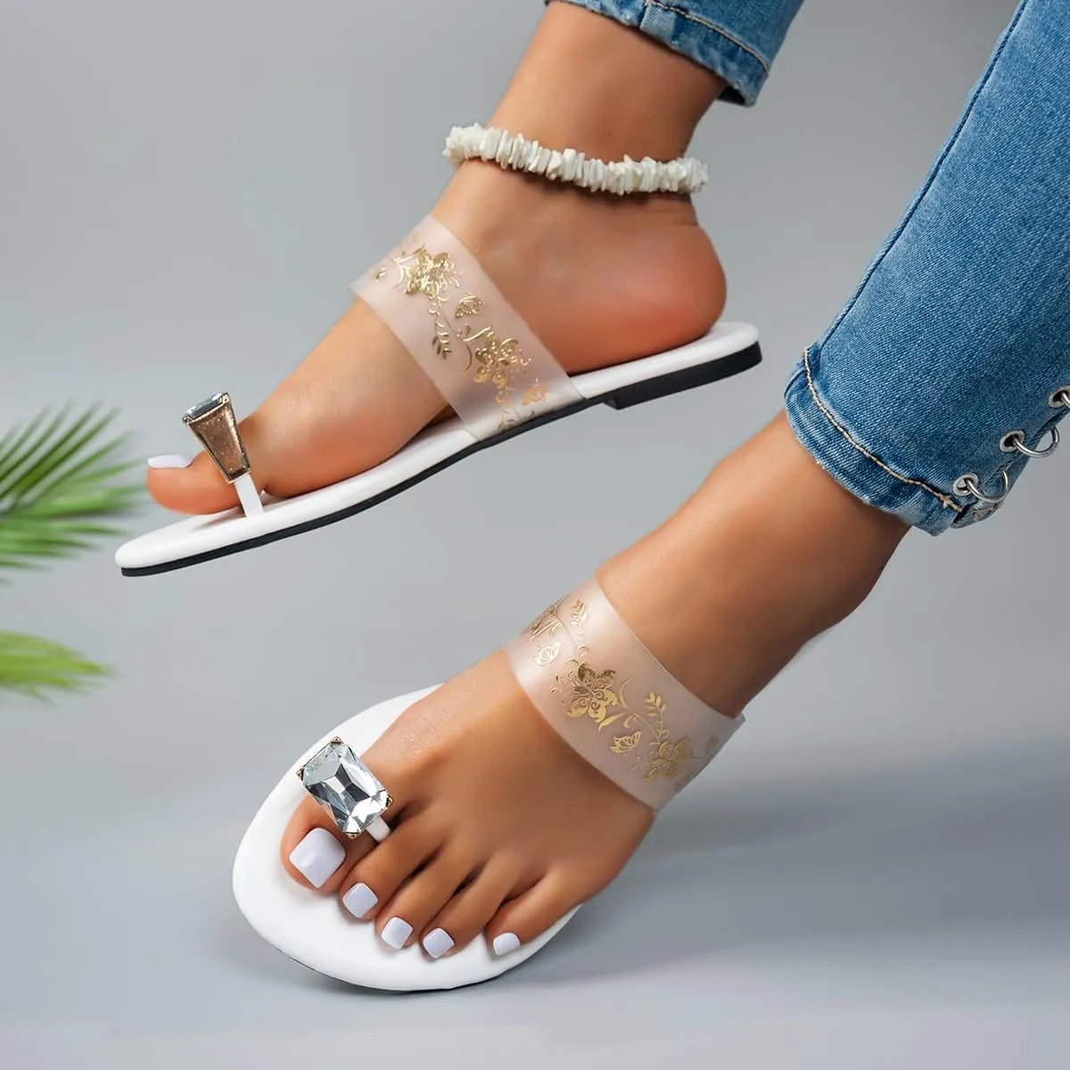 Women's Toe Ring Sandals with Crystal Accent, White, Gold Floral Pattern, Flat Slide