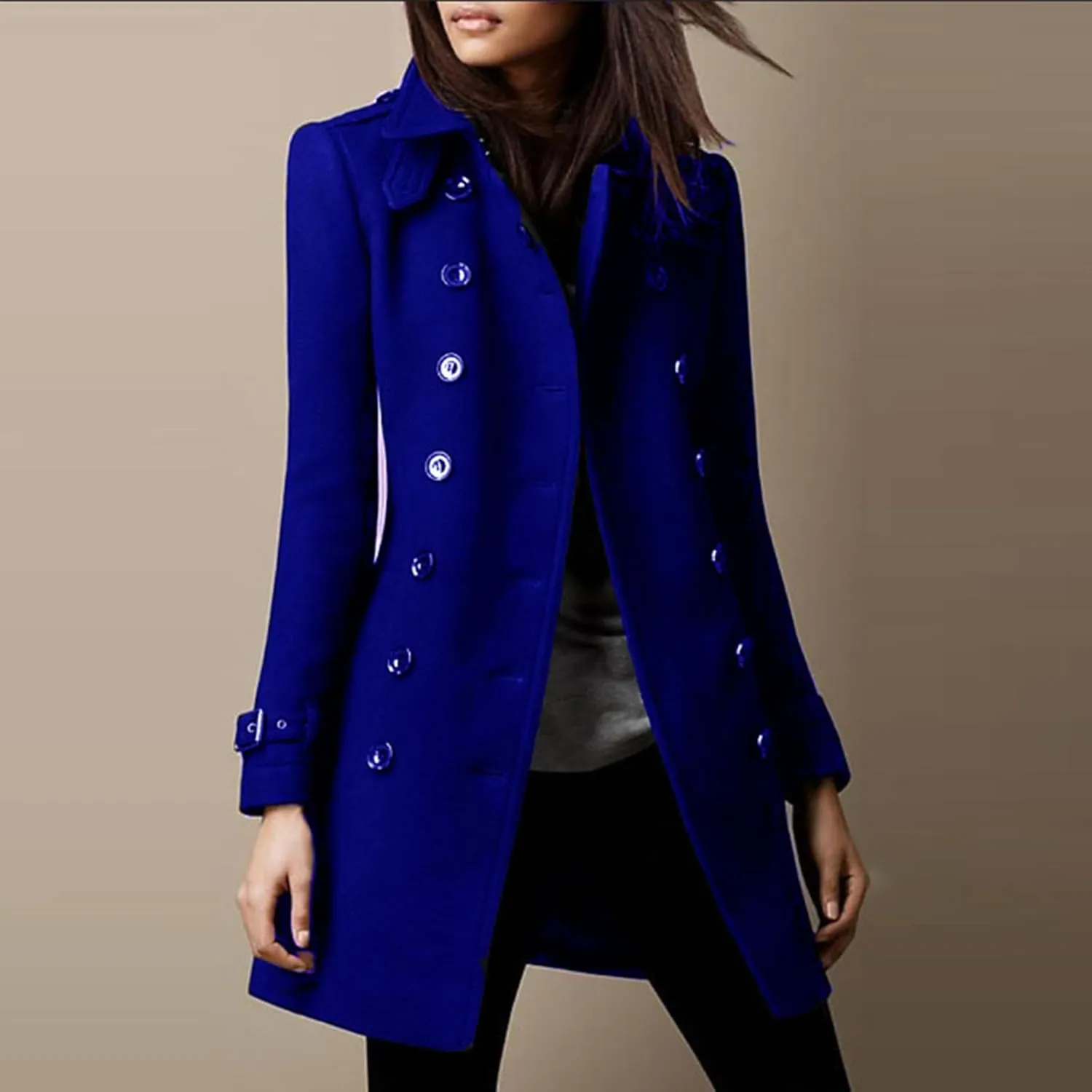 Women's Trendy Woolen Coat Long Sleeve Button V-Neck Casual Jacket Cardigan Solid Color Slim Fashion Overcoat