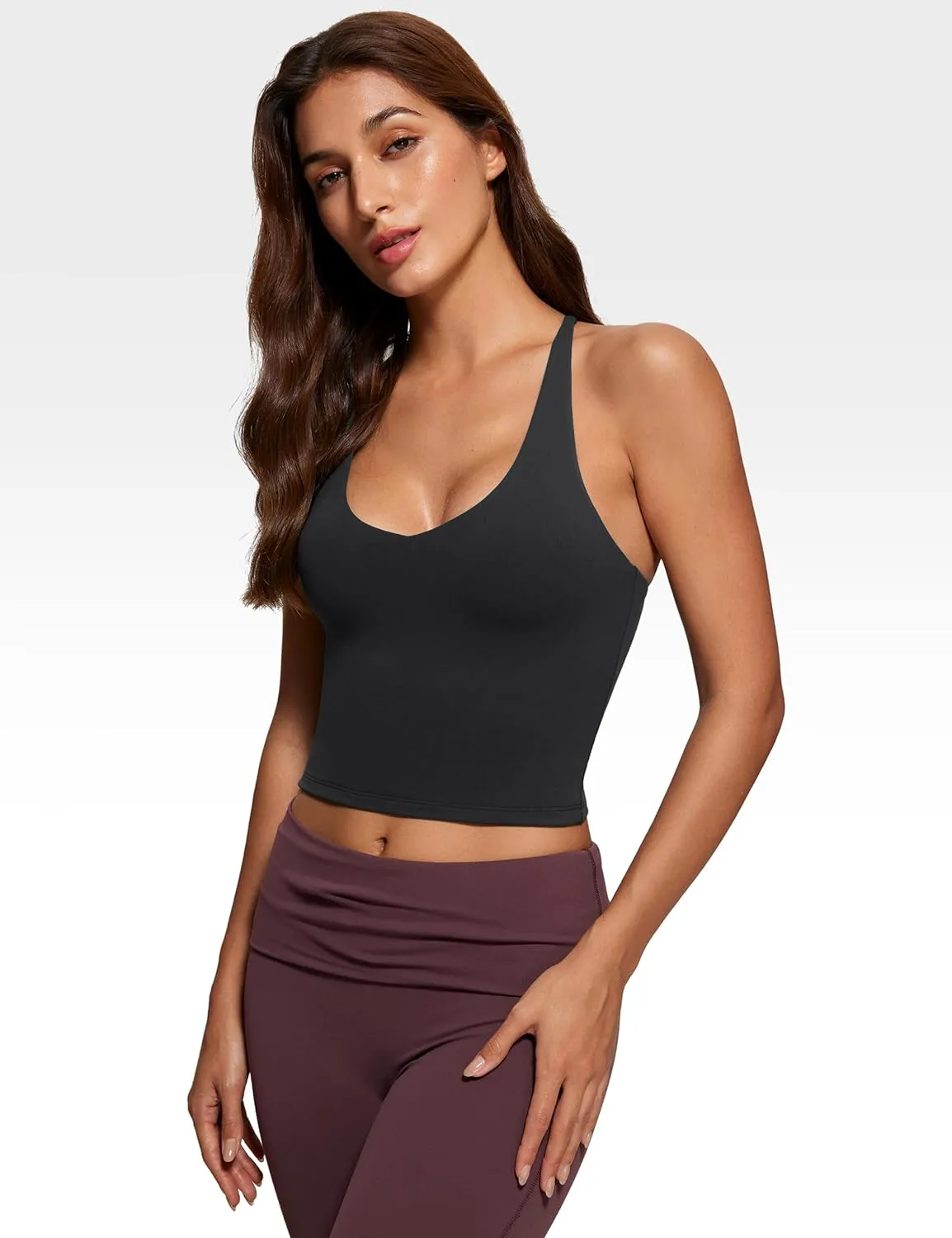 Womens V Neck Tank Tops Double Lined No Padded Spaghetti Criss Cross Strap Statement Strappy Back Casual Crop Top