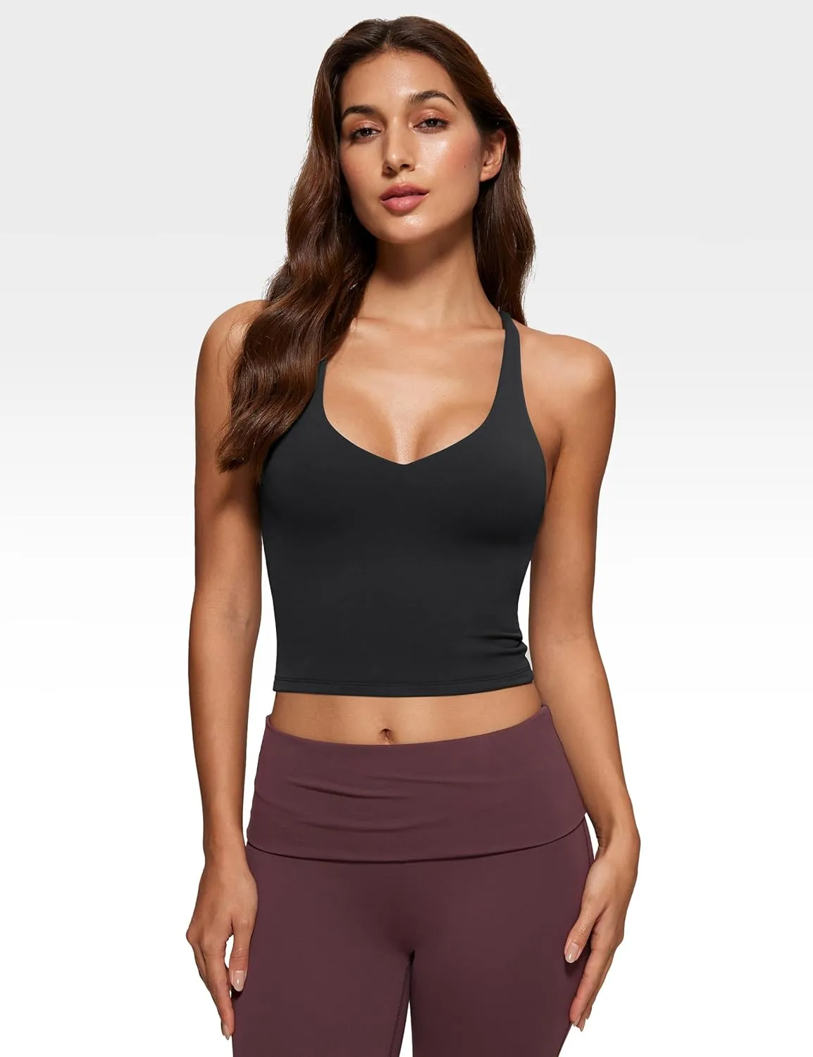 Womens V Neck Tank Tops Double Lined No Padded Spaghetti Criss Cross Strap Statement Strappy Back Casual Crop Top