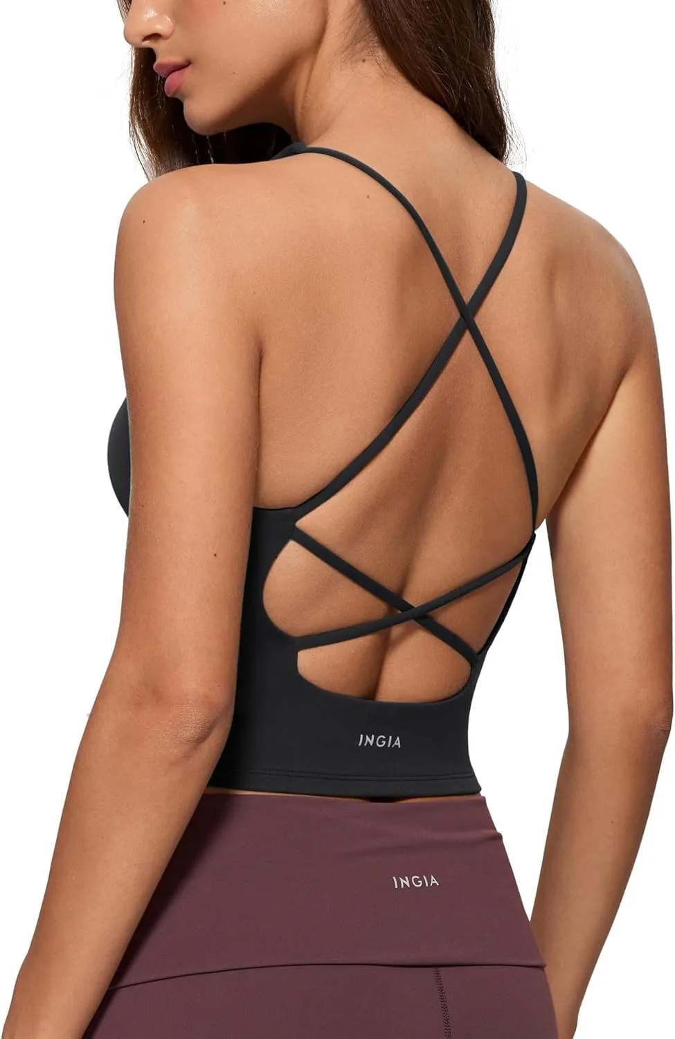 Womens V Neck Tank Tops Double Lined No Padded Spaghetti Criss Cross Strap Statement Strappy Back Casual Crop Top