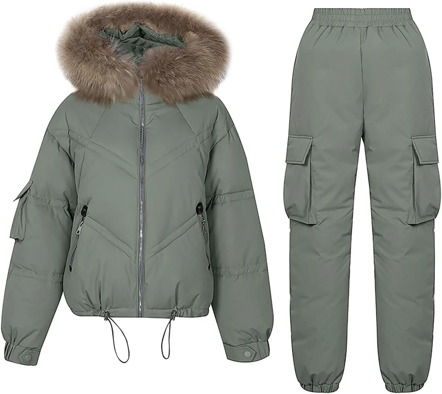 Women's Winter Outfits Thickened Warm Puffer Jackets Cotton Cargo Pants Two Piece Sets Outdoor Snow Hooded Down Coats