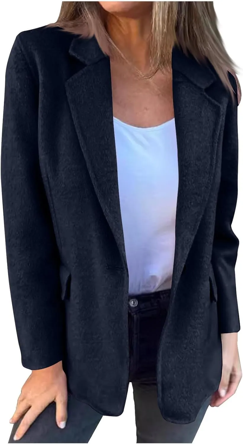 Women's Woolen Suit Jackets Plus Size Fashion Notch Lapel Long Sleeves Trench Coat Winter Warm Blazer Windbreaker