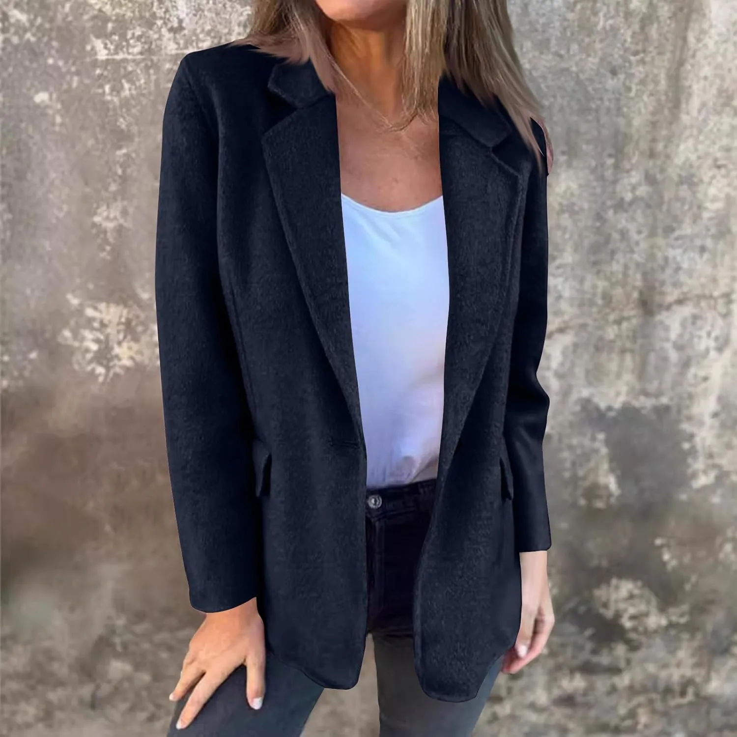 Women's Woolen Suit Jackets Plus Size Fashion Notch Lapel Long Sleeves Trench Coat Winter Warm Blazer Windbreaker