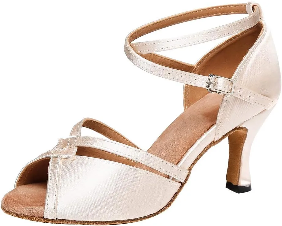 YKXLM Latin Ballroom Dance Shoes for Women Practice Dance Heels Performance Party Dance Shoes Peep-Toe, Beige-8 Heel-4.5 US